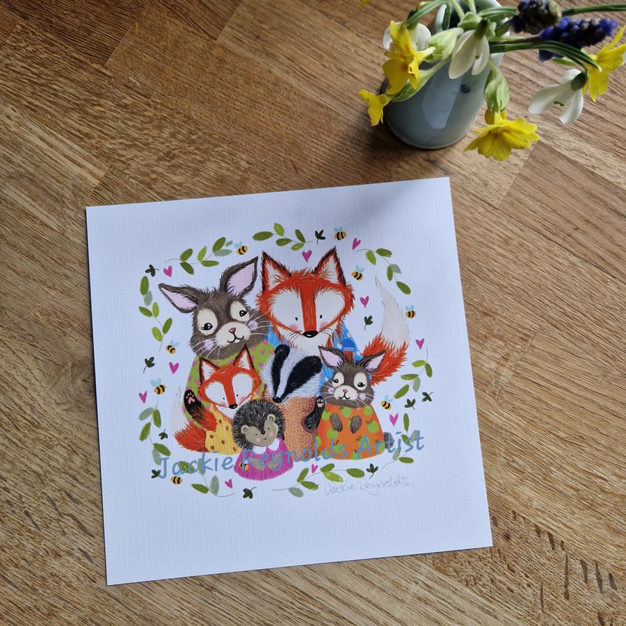 Woodland creatures - 7 x 7" inch print by Jackie Reynolds 