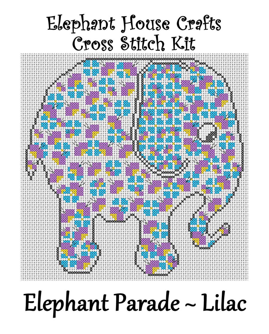 Elephant Parade Cross Stitch Kit Lilac Size Approx 7" x 7"  14 Count Aida