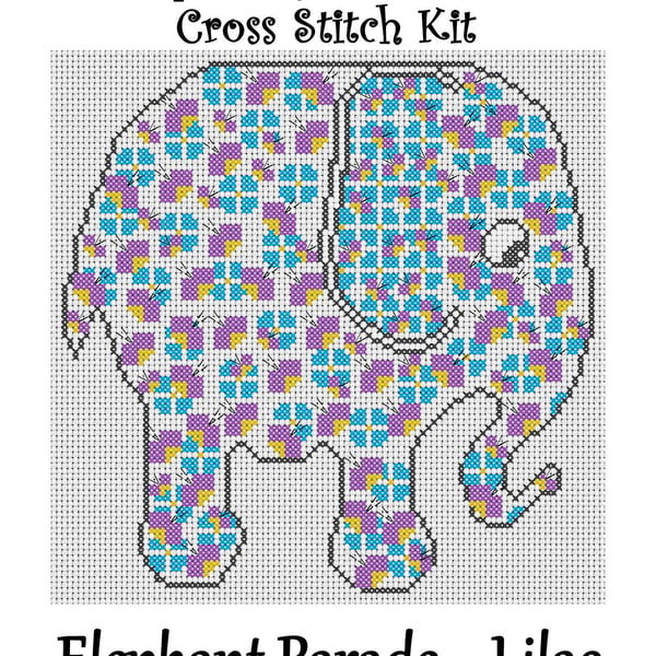 Elephant Parade Cross Stitch Kit Lilac Size Approx 7" x 7"  14 Count Aida