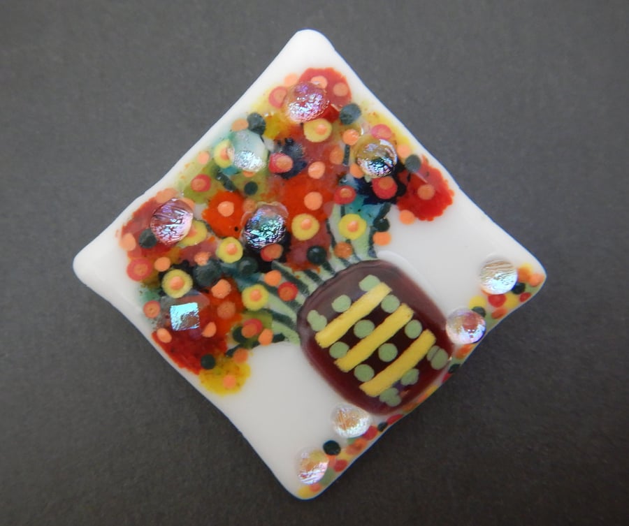 Handmade Fused Glass 'Vase of Flowers' Brooch