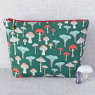 Large zipped pouch, project bag, cosmetic bag, mushrooms