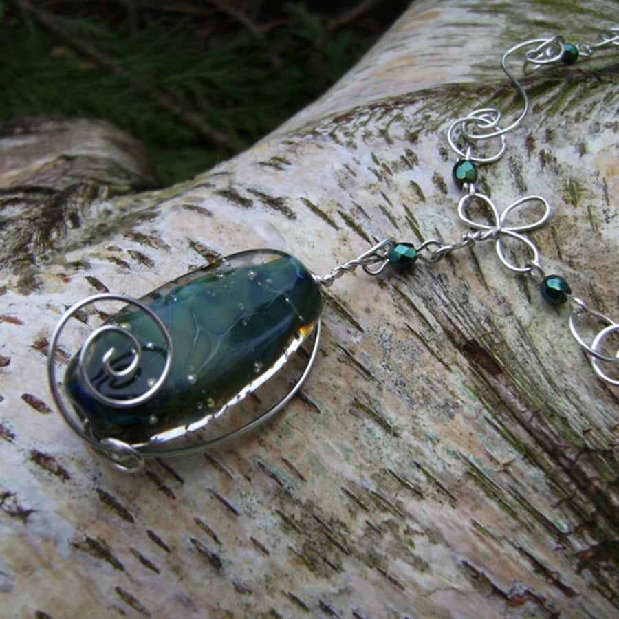 Swirly Ocean (sterling silver wire & lampwork necklace)