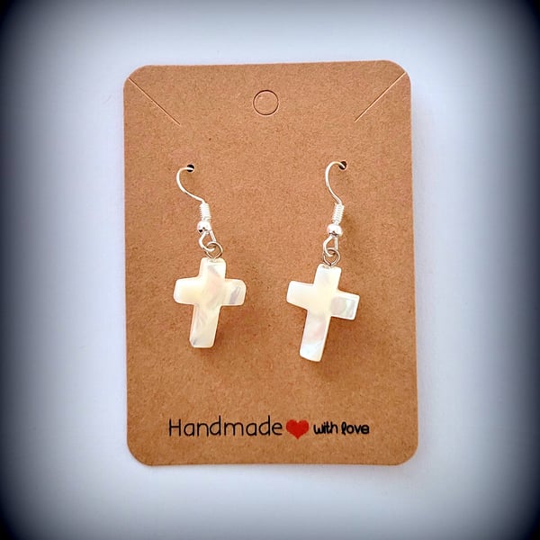 Mother of Pearl Cross Charm Earrings, Silver Plated Hooks, Pillow Gift Box