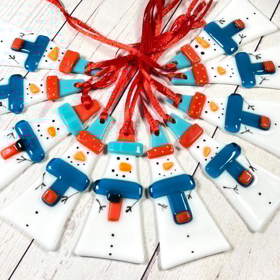 Fused glass red and blue snowmen 
