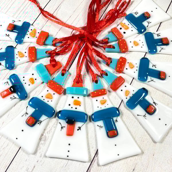 Fused glass red and blue snowmen 