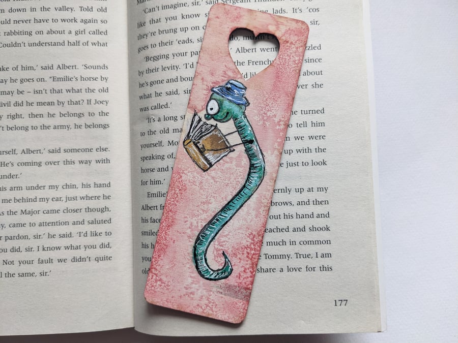 Personalised, wooden, handpainted bookmark, whimsical art, bookworm