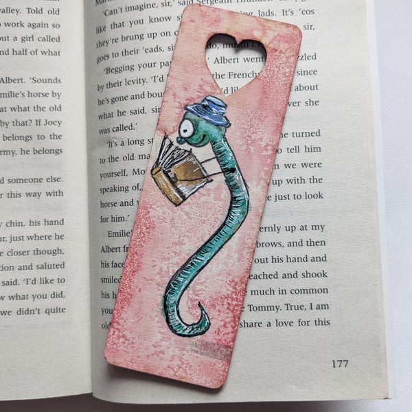 Personalised, wooden, handpainted bookmark, whimsical art, bookworm