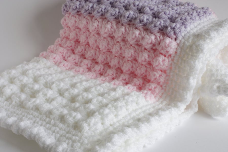 Baby blanket, pink lilac white, 32" x 24" approx,