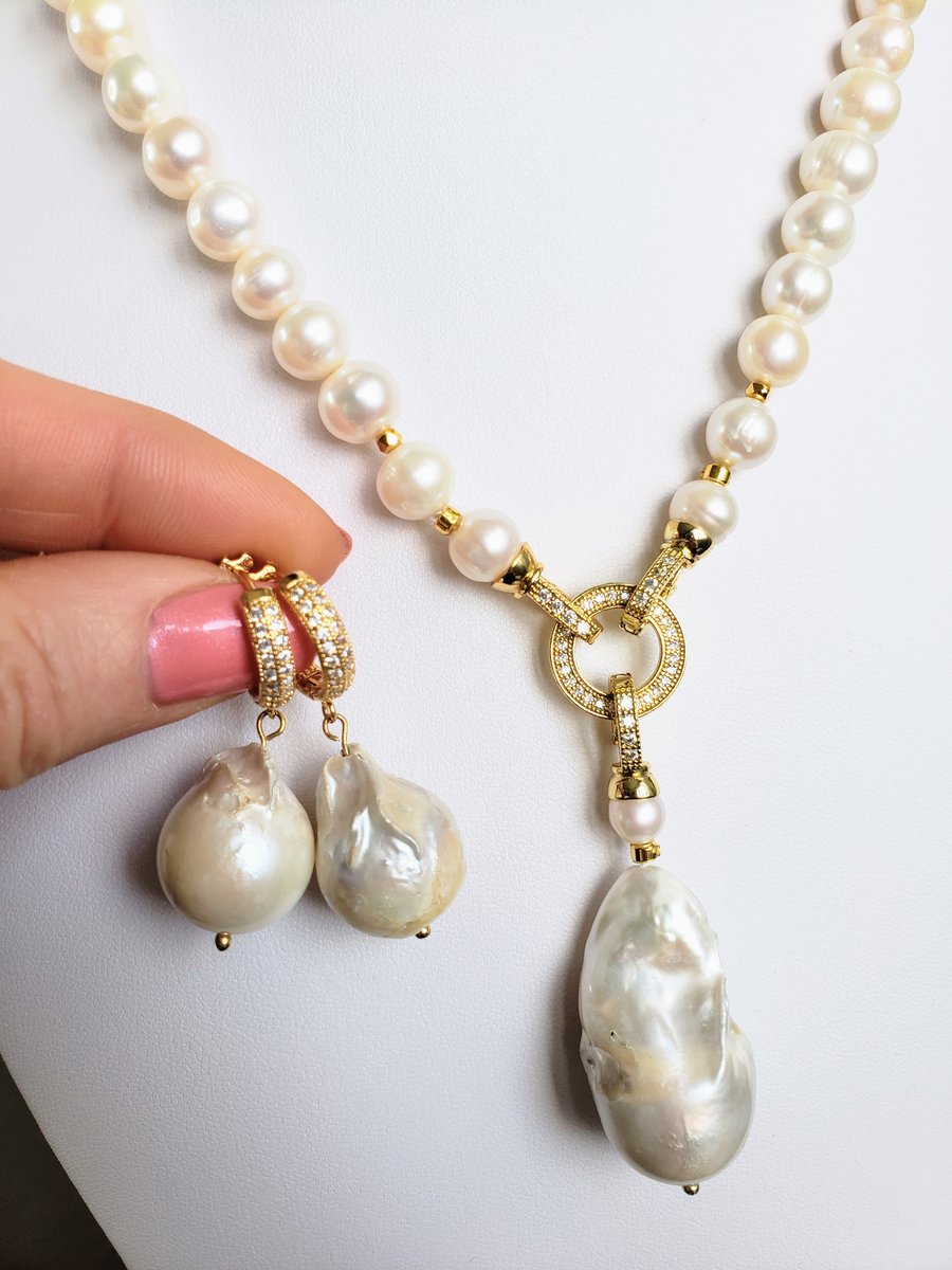 Pearl Set Necklace Baroque Pearl Pendant Gold Rhodium Plated Pearl Necklace