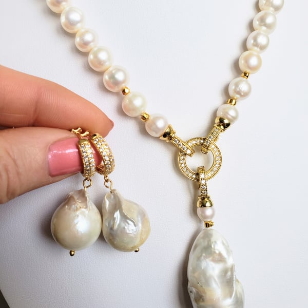 Pearl Set Necklace Baroque Pearl Pendant Gold Rhodium Plated Pearl Necklace