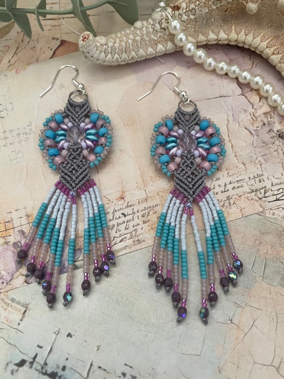 Fringed macrame beaded boho unique earrings, gift for teen girl, wedding guest 