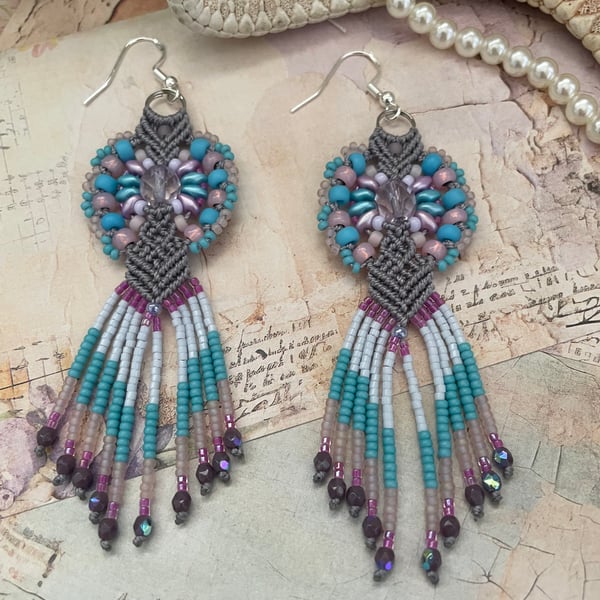 Fringed macrame beaded boho unique earrings, gift for teen girl, wedding guest 