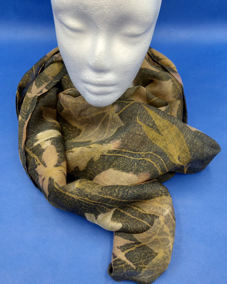 Botanically printed wool and silk scarf 30cm x 215cm