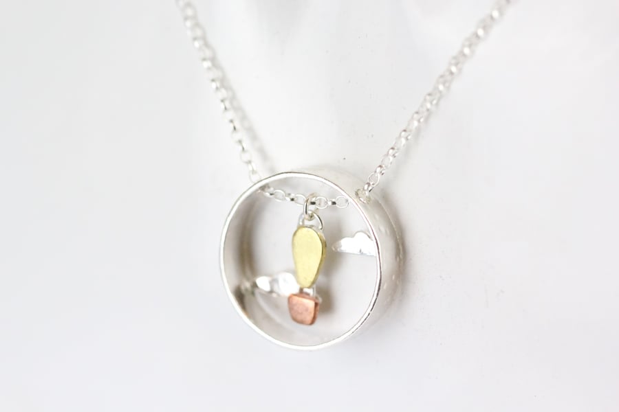 Hot air balloon and clouds necklace - silver, brass and copper