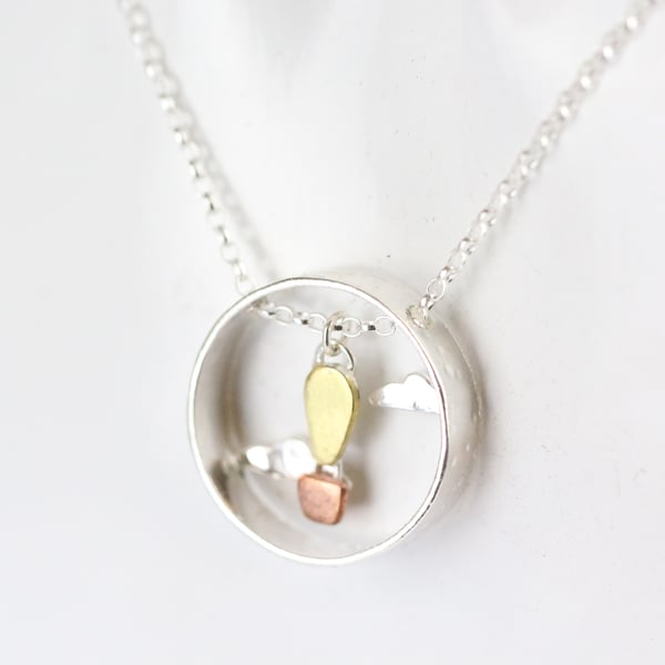 Hot air balloon and clouds necklace - silver, brass and copper