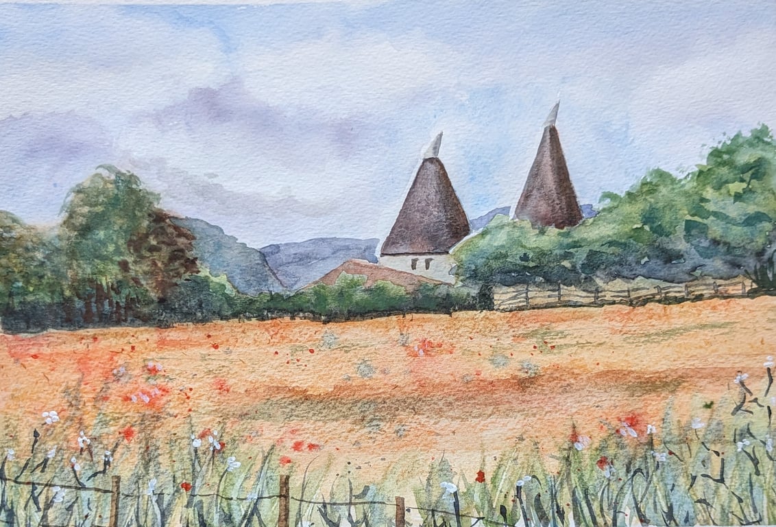 Oast Houses, framed watercolour painting