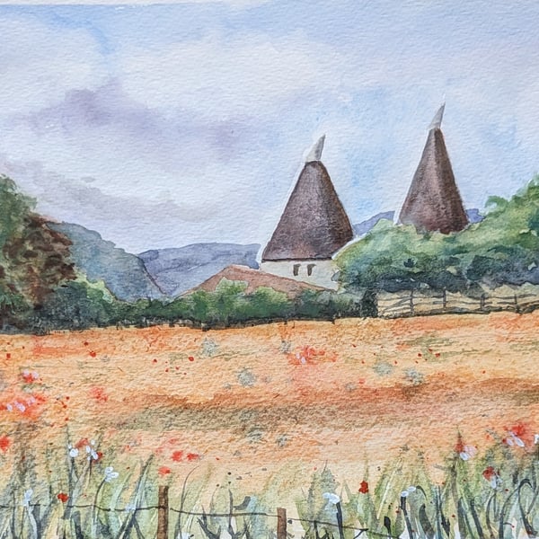 Oast Houses, framed watercolour painting