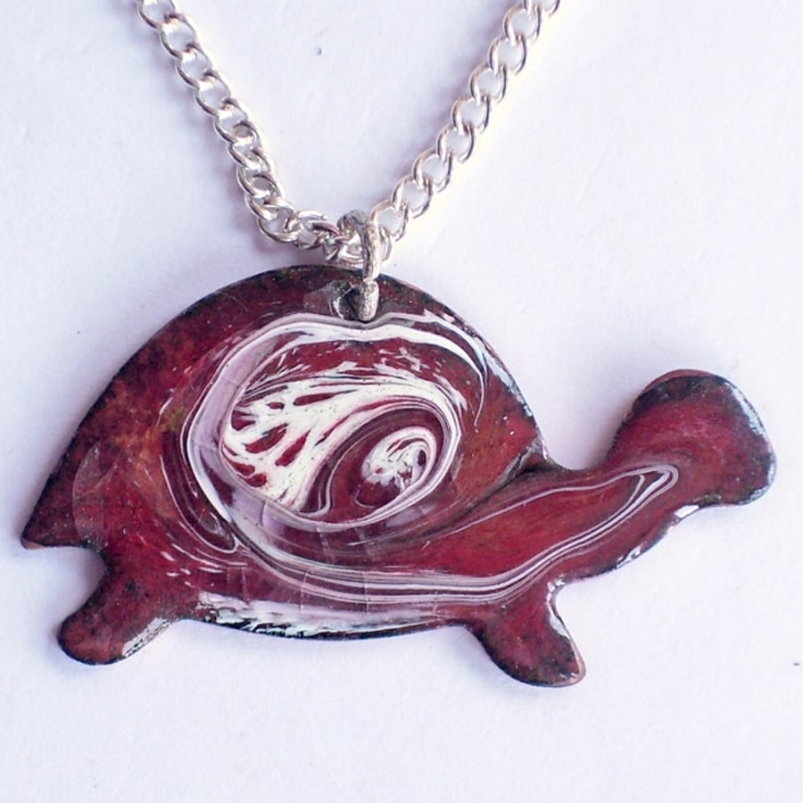 pendant - tortoise scrolled white on red over clear enamel