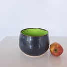 HAND THROWN CERAMIC BOWL - glazed in bright green and charcoal glazes