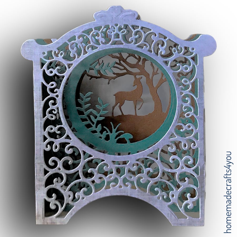 3D Carriage Clock style Card with silhouette of deer.