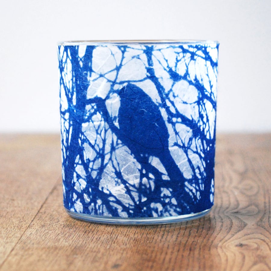 Delicate Blue Bird Cyanotype candle holder 