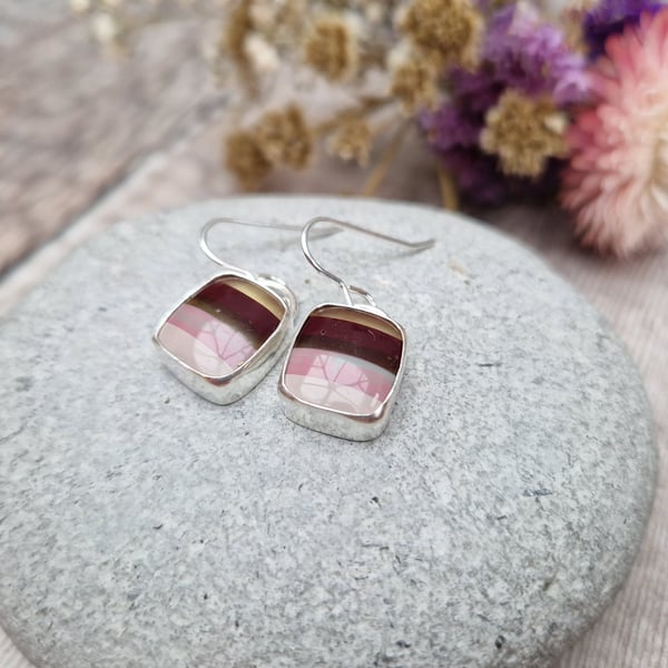 Sterling Silver Pink Rectangle Surfite Earrings. 