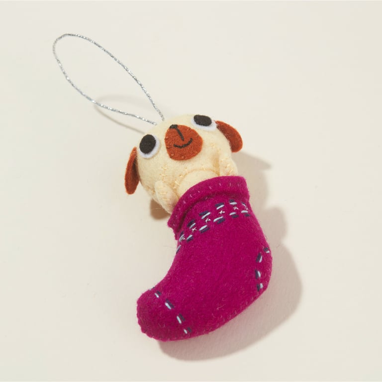 Felt Dog in a Stocking - Christmas Hanging Decoration