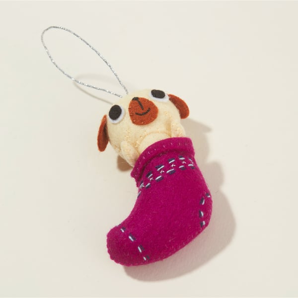 Felt Dog in a Stocking - Christmas Hanging Decoration