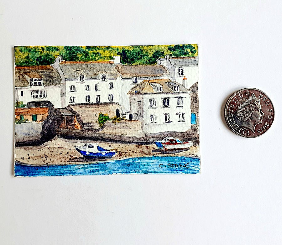 Polperro, Cornwall, view towards The Warren, miniature ACEO watercolour painting
