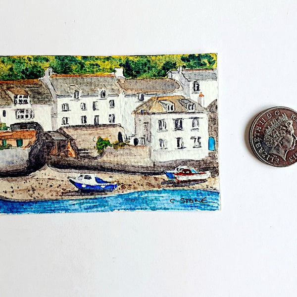 Polperro, Cornwall, view towards The Warren, miniature ACEO watercolour painting