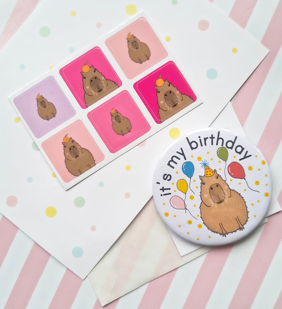 handmade 58mm capybara birthday pin badge & sticker sheet - it's my birthday