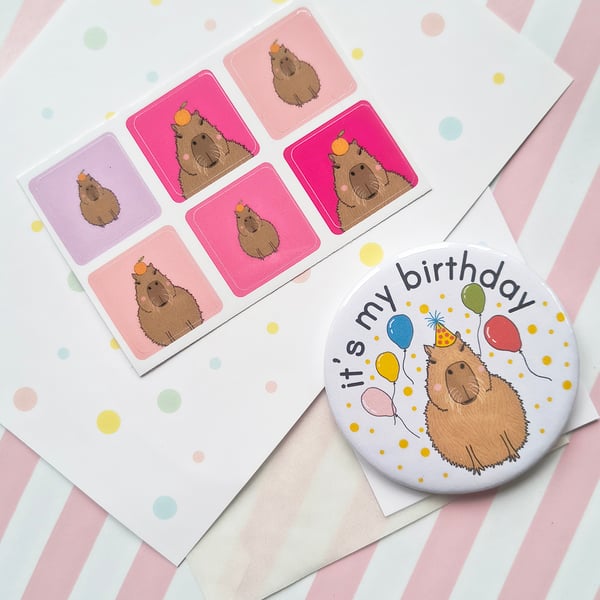 handmade 58mm capybara birthday pin badge & sticker sheet - it's my birthday