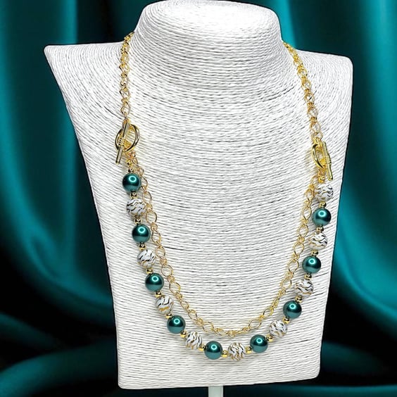  Animal Print and Green Glass Bead Statement Necklace,