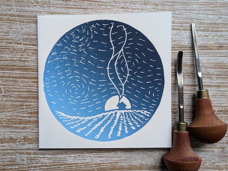 Snowy Moonset Winter House Christmas Card, handprinted linocut 