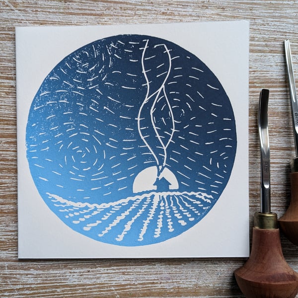Snowy Moonset Winter House Christmas Card, handprinted linocut 