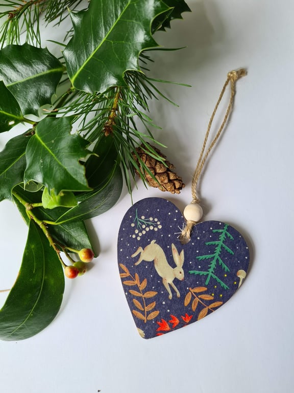 Wooden decoupage Christmas woodland rabbit hanging decoration letterbox gift