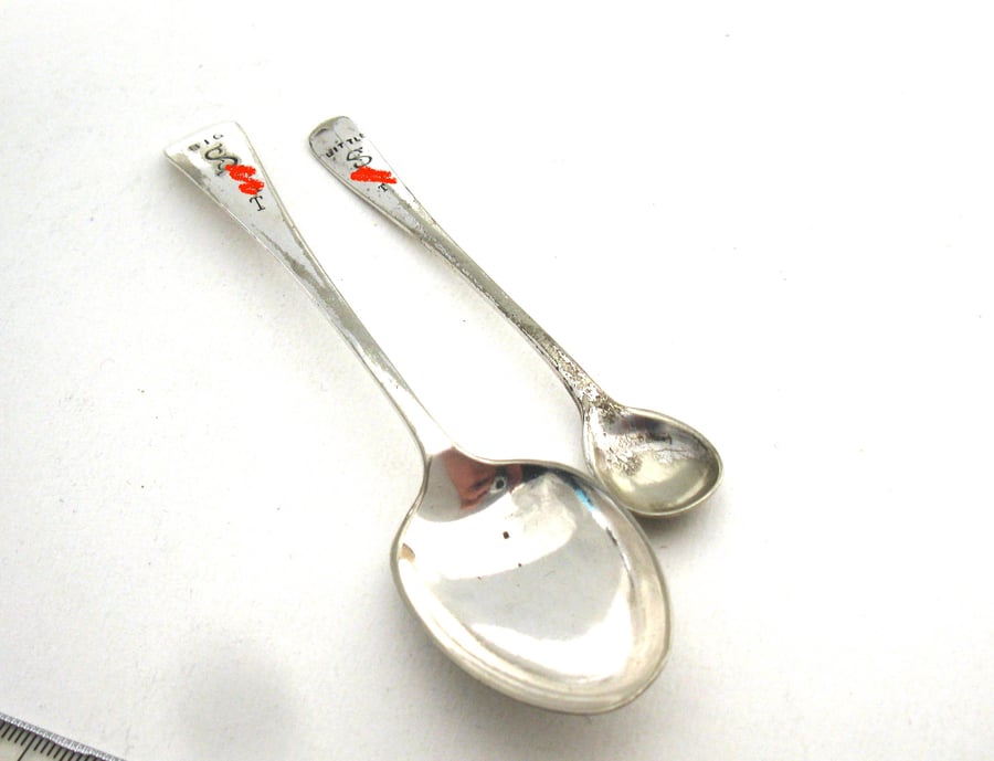 Big and Little Sh Spoon Pair, Rude Swear Word Handstamped Mismatched Spoons