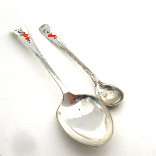 Big and Little Sh Spoon Pair, Rude Swear Word Handstamped Mismatched Spoons