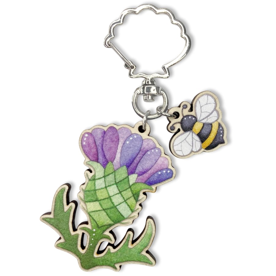 Thistle Keyring - Wooden Key Fob with Bee - Maple Wood Key Chain with Shell