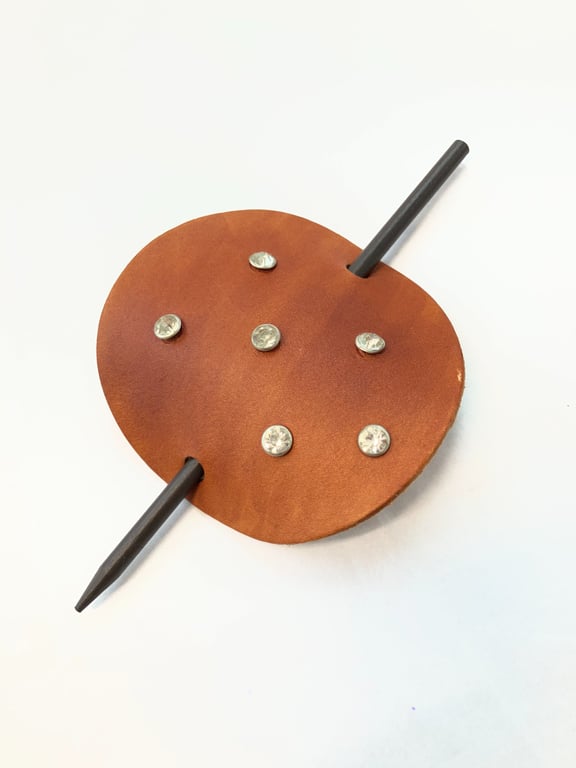 Dyed Brown Leather Hair Stick Barrette Circle Shaped Leather 6 Gemstones