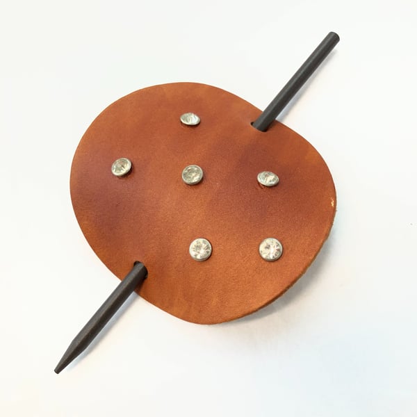 Dyed Brown Leather Hair Stick Barrette Circle Shaped Leather 6 Gemstones