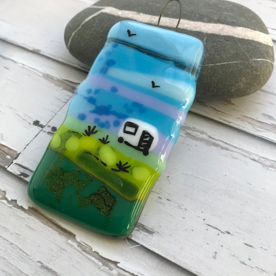 Fused glass caravanning inspired sun-catcher, gift for nature lover