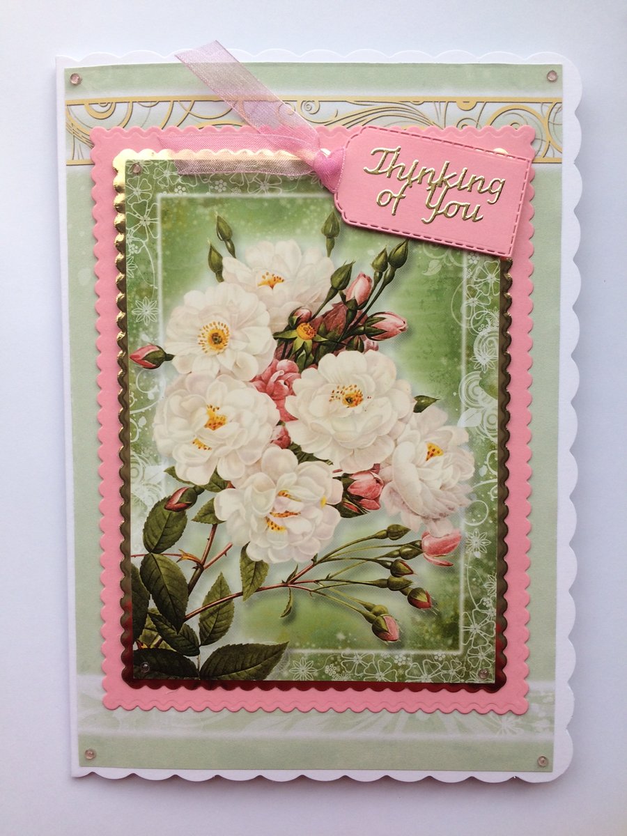Thinking of You Card White Rose Bush Sympathy Get Well 3D Luxury Handmade Card 