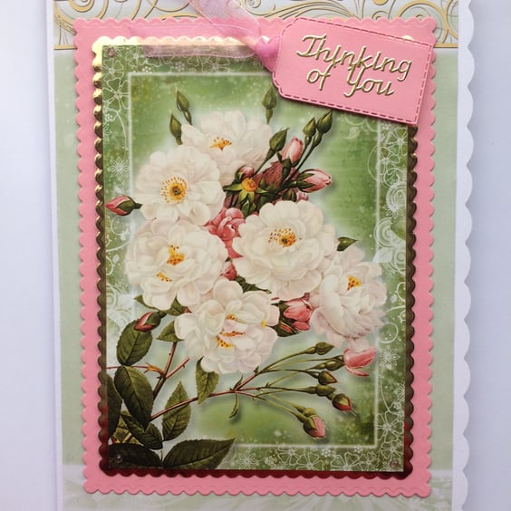 Thinking of You Card White Rose Bush Sympathy Get Well 3D Luxury Handmade Card 