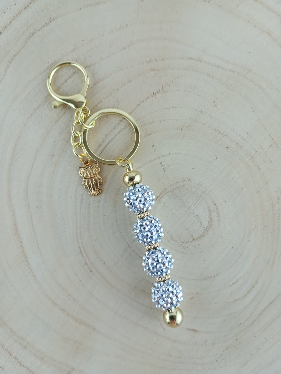 Glitter Bead Keyring - Glitter beaded keyring with owl charm