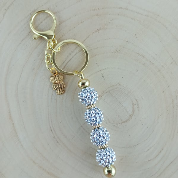 Glitter Bead Keyring - Glitter beaded keyring with owl charm