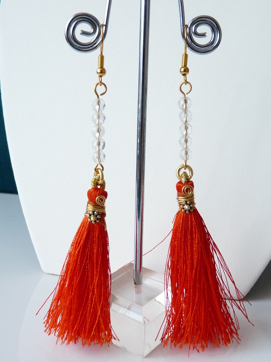 Clear Quartz and Orange Tassel Drop Earrings - Genuine Gemstone