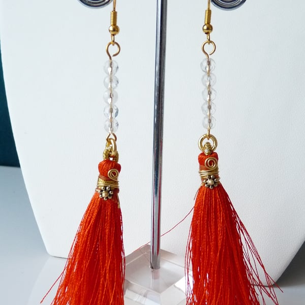 Clear Quartz and Orange Tassel Drop Earrings - Genuine Gemstone