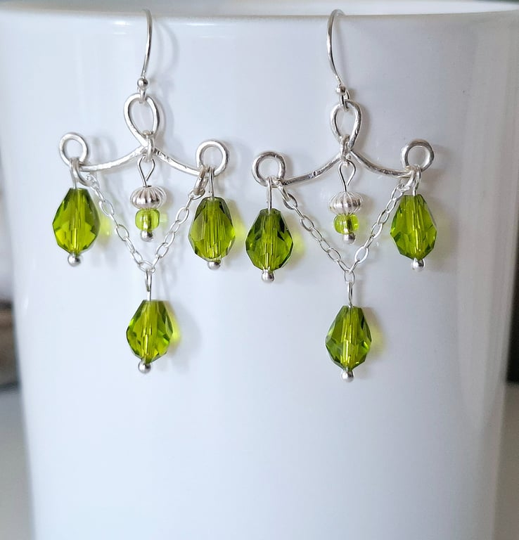 Hammered Chandelier Earrings, Sterling Silver & Olive Green Glass Beads Dangles