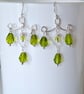 Hammered Chandelier Earrings, Sterling Silver & Olive Green Glass Beads Dangles
